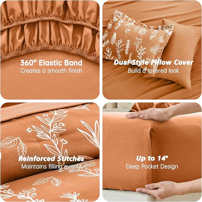 MUXHOMO Burnt Orange Bed in a Bag Queen 7 Pieces, Queen Comforter Set Reversible Botanical Flowers Design, Ultra Soft & Breathable Bedding Sets with Comforter, Sheets, Pillowcases & Shams
