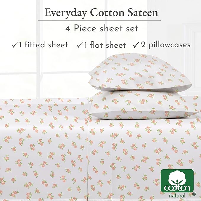 California Design Den Full Sheet Set Floral Pattern, 100% Cotton, Deep Pocket Full Sheets & Pillowcase Set, Soft Sateen Weave - Chic Floral
