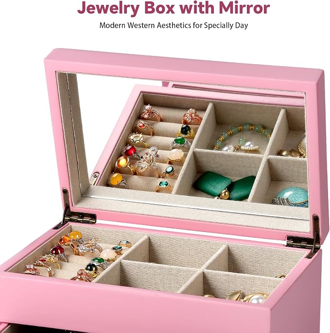 Meangood Jewelry Box Organizer for Women, 2 Layer Large Jewelry Storage Case, Rustic Wooden Jewelry Box with Mirror & Ring Tray for Necklace Earring Bracelets Rings, Vintage Style (Pink) - Image 4