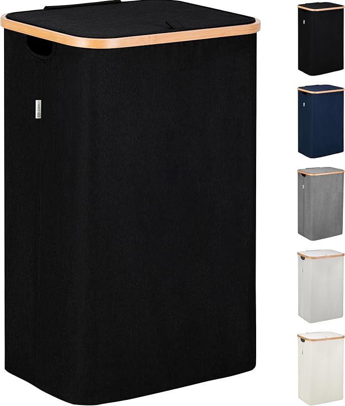 LONBET Laundry Basket with Lid, Made from Breathable Fabric | Aesthetic Clothes Hampers for Laundry with Side Handles & Sturdy Bamboo Frame (26 Gallons - Single, Black) by Lonbet