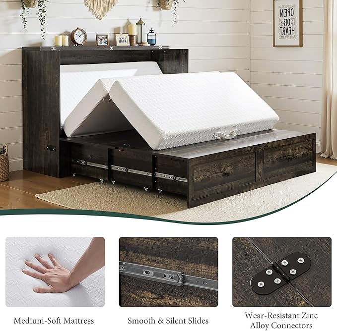 LUXOAK Queen Murphy Bed with 6" White Tri-Fold Memory Foam Mattress, Storage Drawer & Charging Station, Space-Saving Design for Home Office or Guest Room, Black Oak
