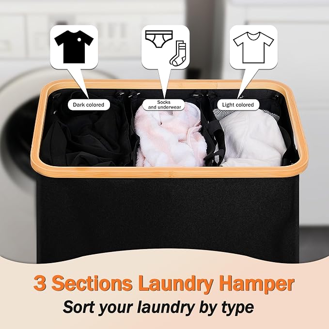 efluky Laundry Hamper with Lid, Trio Laundry Hamper with 3 Removable Bags, 3 Section Laundry Basket with Bamboo Handles for Bathroom, Bedroom & Laundry Room, 160L Black - Image 4