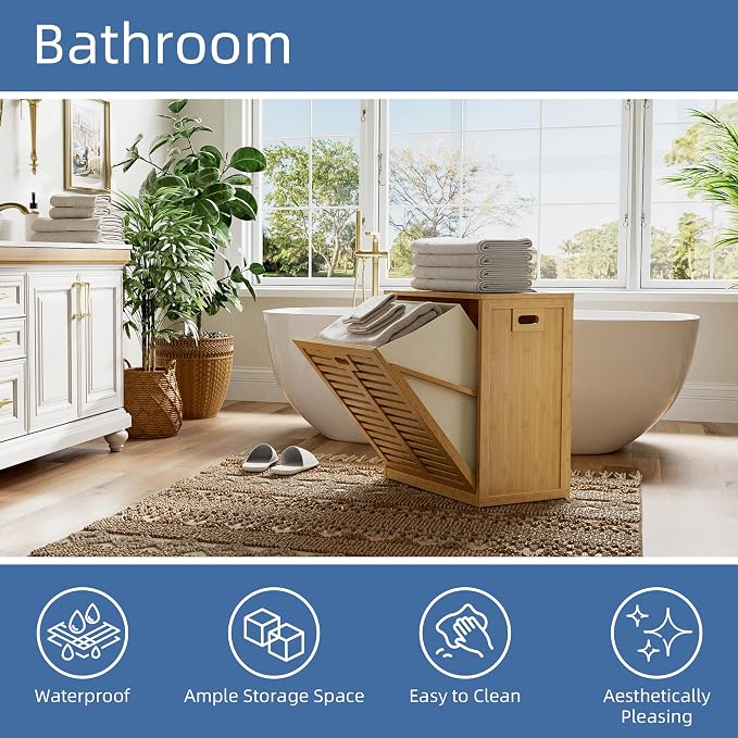 HITNET Tilt Out Laundry Hamper, Bamboo Laundry Cabinet with Hidden Removable Basket, Freestanding Clothes Storage organizer for Bedroom, Bathroom, Living Room, Natural - Image 5