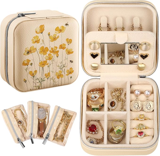 Bistup Travel Jewelry Case - Small Jewelry Organizers and Storage Box for Women Girls Teens Cute Traveling Jewelry Holder with Mirror Little Tiny Compact Yellow Flower Pretty Modern Unique Aesthetic by Bistup