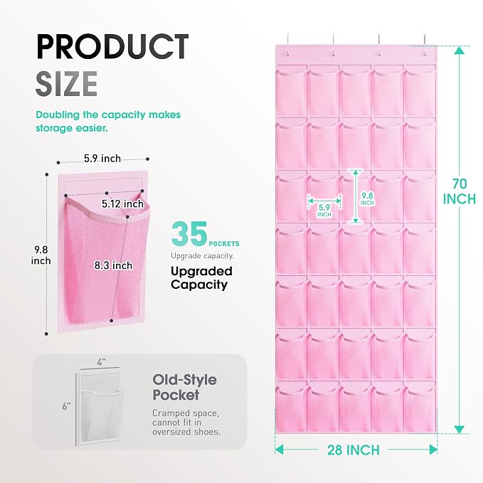 WVM Over the Door Shoe Organizer with 35 Breathable Mesh Pockets, Hanging Shoe Organizer for Door with 4 Metal Hooks, Large Capacity Closet Storage for Shoes, Accessories - Image 3