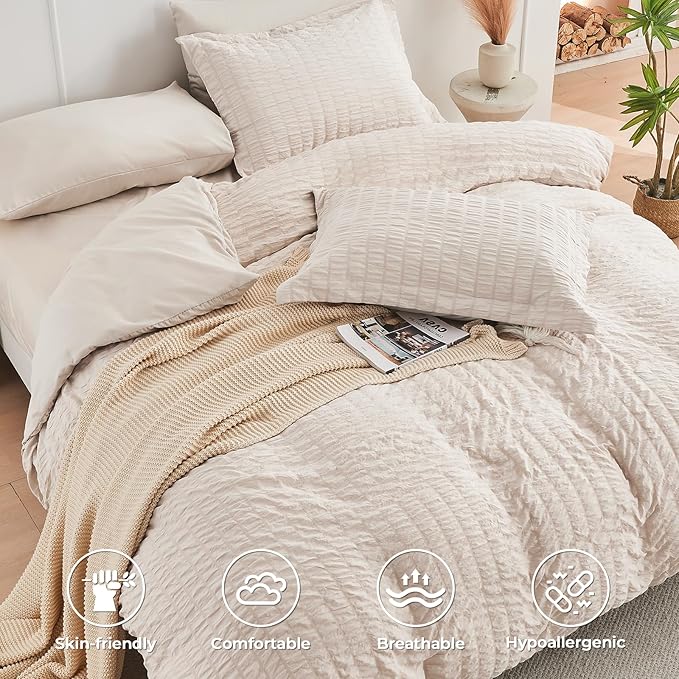 HYMOKEGE Beige Twin XL Comforter Set Seersucker 5 Pieces, All Season Luxury Bed in a Bag for Bedroom, Bedding Set with Comforter, Sheets, Pillowcase & Sham