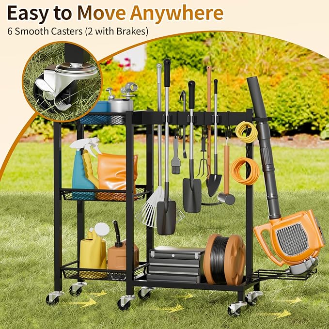 Broom Holder with Cleaning Supplies Organizer Load 350 LBS Cleaning Cart with Wheels Broom Closet Storage with 3-Tier Shelves, 6 Mop Hanger Grippers, 3 Double-Hooks, Vacuum Stand for Laundry Garage - Image 3