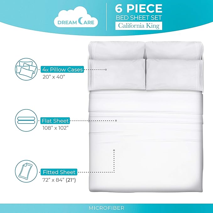 DREAMCARE California King Sheet Sets - 6 pcs Breathable Cooling Bed Sheets - up to 21" Extra Deep Cal King Sheets with Side Pockets - Extra Soft 100% Brushed Hypoallergenic Hotel Luxury Bedding -White