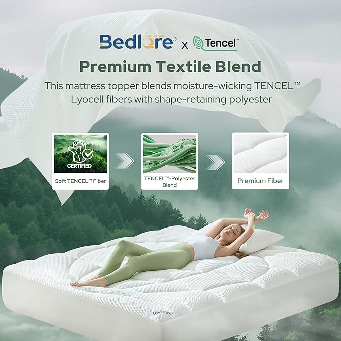 BEDLORE Twin Mattress Topper, Thick Tencel™ Blend Pillow Top Mattress Pad, Soft and Breathable Mattress Cover for Back Pain Relief, Deep Pocket Design Fits 6–15 Inches Mattresses(White)