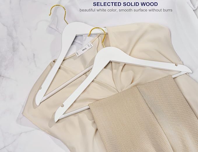 Amber Home 30 Pack White Wooden Coat Hangers with Gold Hook, White Wood Suit Hangers with Non-Slip Pant Bar, Clothes Hangers for Closet Organization, Shirts, Jackets, Dresses and Pants (White+Gold,30) - Image 4