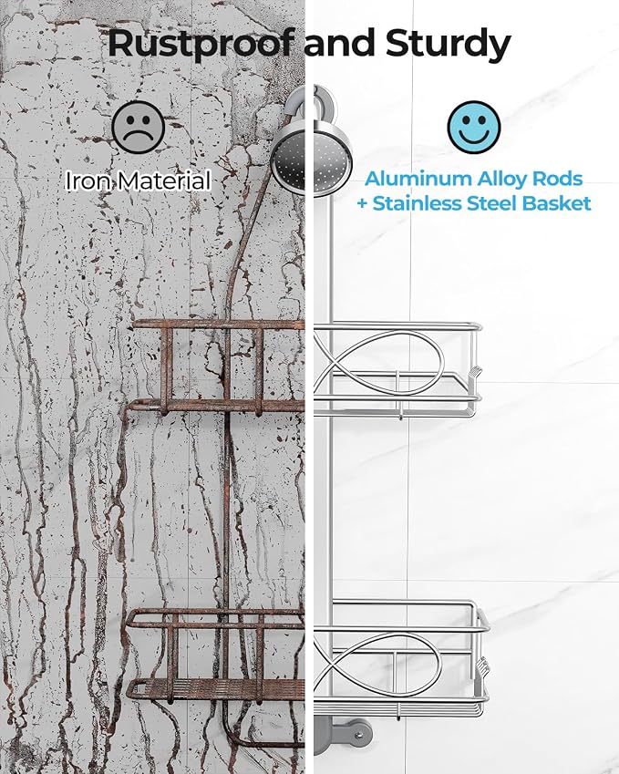 ODesign 2 Tier Stainless Steel Anodized Aluminum,Height-Adjustable Rustproof Shower Caddy Hanging Anti-Swing-Over The Shower Head Caddy-Bathroom Showe r Storage Organizer With Soap Box Holder- Sliver - Image 5
