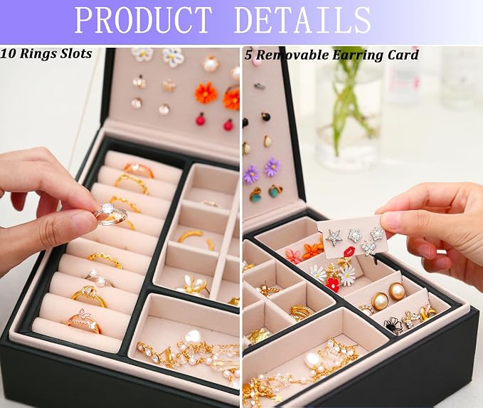 Earrings Jewelry Box for Girls, Large Capacity Jewelry Organizer with 40-Pair Earring Board, 2-Layer Leather Jewelry Storage Box for Necklaces Rings Bracelets with Removable Tray(Gift Idea),Black - Image 5