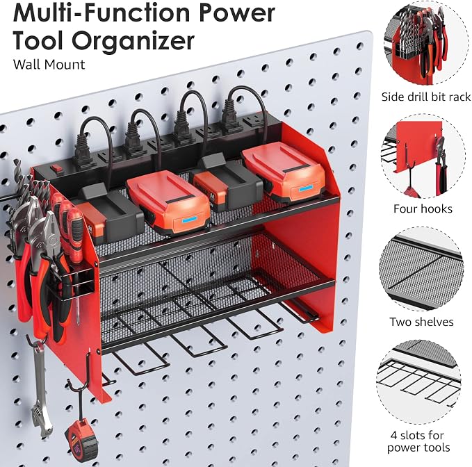 CCCEI Modular Power Tool Organizer Wall Mount with Charging Station. Garage Drill Storage Shelf with Hooks, Heavy Duty Rack, Tool Battery Holder Built in 8 Outlet. Gift for Men. Red, 2 Pack. - Image 5