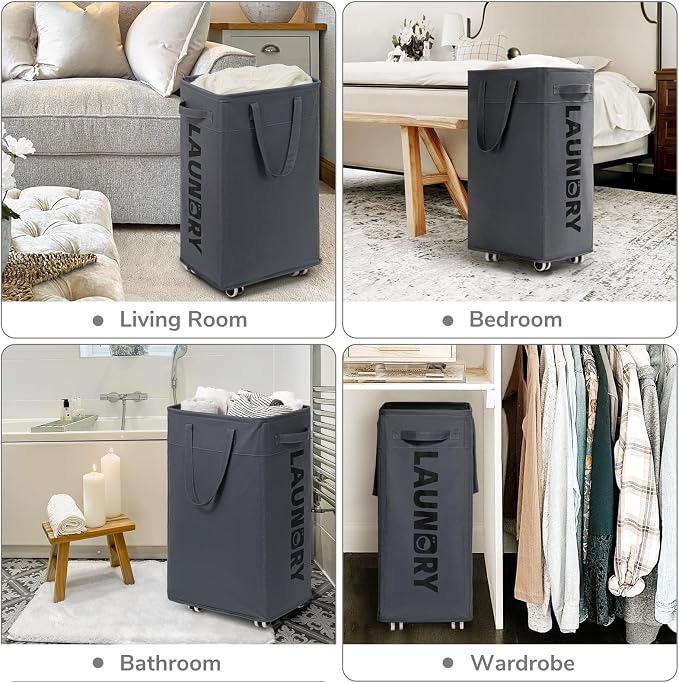 CHICVITA Rolling Laundry Basket with Wheels,75L Large Collapsible Laundry Hamper with Removable Wash Bag Space for Corner Dorms, Grey - Image 5