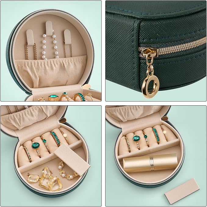 ProCase Travel Size Jewelry Box, Mini Portable Seashell-Shaped Jewelry Case, 2 Layer Organizer in PU Leather for Women -Emerald - Image 3