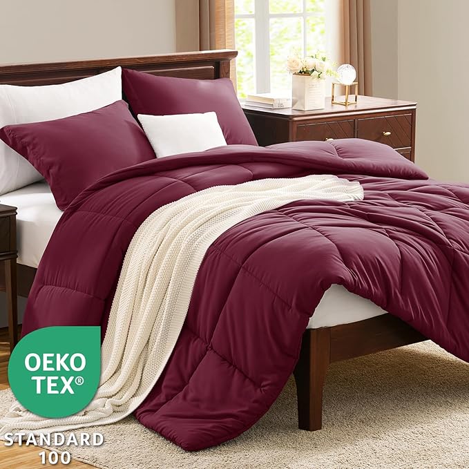CozyLux King Size Comforter Set - Burgundy Comforter King Size, 3 Pieces Box Stitched Bed Set for All Seasons, Soft Lightweight Bedding Sets with 1 Down Alternative Comforter and 2 Pillow Shams