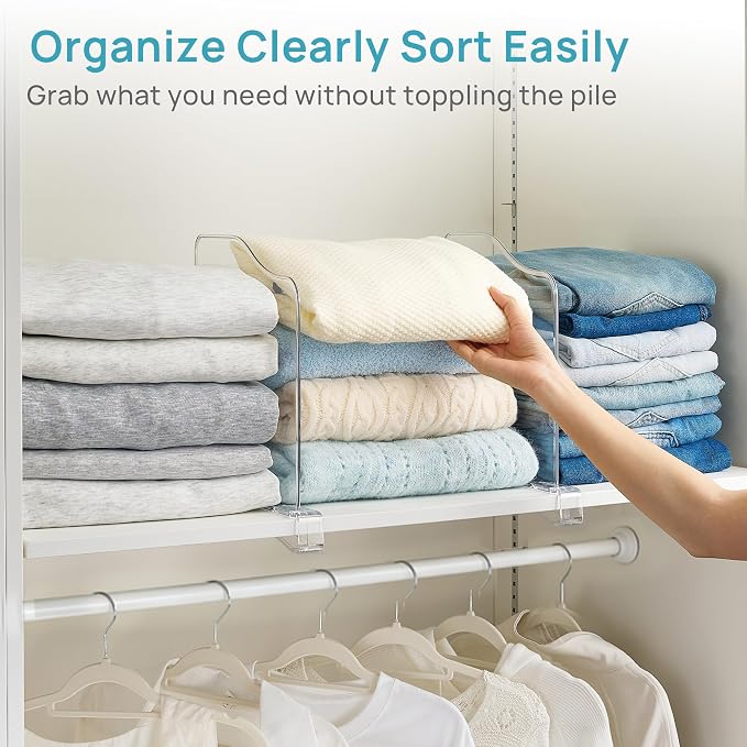 Vtopmart 4 Pack 12in Height Shelf Dividers for Closet Organization, Clear Plastic Closet Shelf Dividers of Upgrade 12in for Maximizing Vertical Space Storage, Organizing Sweater, Jeans, Shirts, Bags - Image 4