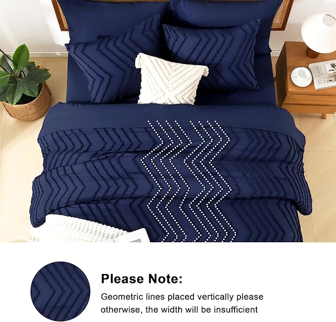Litanika Super King Size Comforter Set with Sheets Navy Blue - 7 Pieces Bed in a Bag Oversized King Boho Tufted Complete Bedding Sets with Comforter, Sheets, Pillowcases & Shams