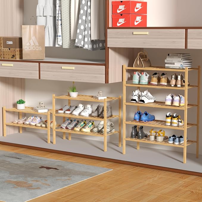 ROMGUAR CRAFT 4 Tier Bamboo Shoe Rack for Closet Free Standing Wood Shoe Shelf for Entryway Small Space Stackable 27"x11"x26" (Natural) - Image 4