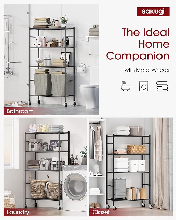 Sakugi Storage Shelves Organizer - 4 Tier Metal Shelf Organizer with Metal Wheels and Adjustable Leveling Feet, Heavy Duty Garage Shelving for Kitchen, Pantry and Closet, 33.1"x12.6"x58.9", Black - Image 6