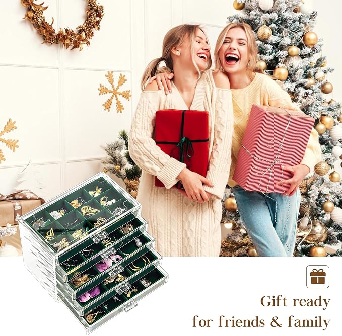 ProCase Earring Holder Organizer Jewelry Box with 5 Drawers, Acrylic Clear Earring Case with Adjustable Velvet Trays for Women - Emerald, 5 Layers - Image 7