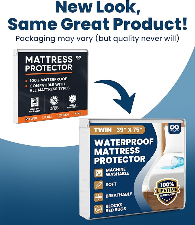 Everlasting Comfort Premium Twin Size Mattress Protector - Waterproof & Hypoallergenic, Noiseless Design, Washable Cover, 18" Deep Pocket, Bed Bug & Dust Mite Protection Cover for Sleep Hygiene