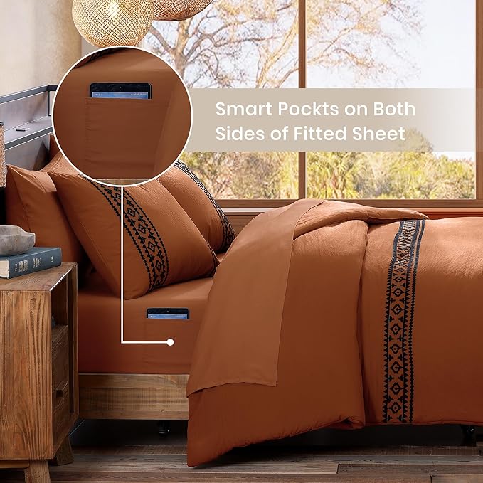 MaiRêve Super King Plus Comforter Set Burnt Orange, Embroidery Western Boho Bedding Set 7 Pieces, All Season Farmhouse Bed in A Bag Comforter Set with Sheets, Pillowcases & Shams