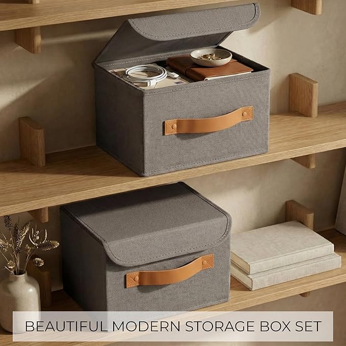Decorative Linen Storage Boxes with Lids - Spacious Set of 2 Organizer Bins for Your Home Decor - The Perfect Small Container to Safely Store Photos, Documents and Memory Box Keepsakes in Style - Image 3