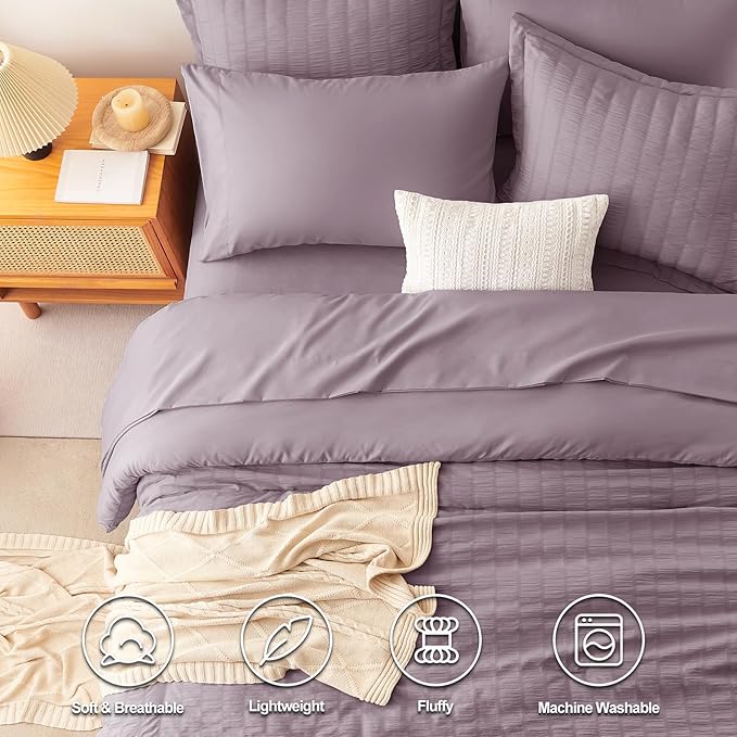 CozyLux Twin Comforter Set with Sheets 5 Pieces, Dusty Purple Seersucker Textured Bed in a Bag, Grayish Purple Luxury Soft Bedding Sets with Down Alternative Comforter, Sheets, Pillowcase & Sham