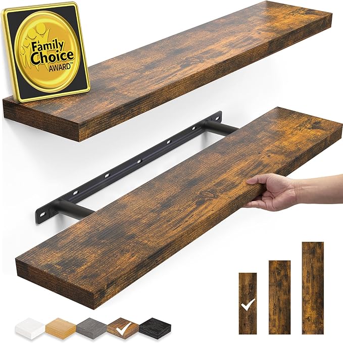 BAYKA Floating Shelves Set of 2, 22.5 inches Farmhouse Rustic Wood Wall Mounted Shelves for Bathroom, Bedroom, Living Room or Kitchen, Hanging Shelf Decor Book with 22lbs Capacity, Rustic Brown by Bayka
