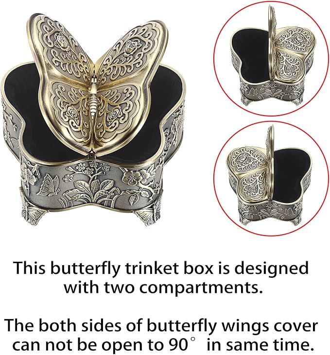 Hipiwe Vintage Metal Jewelry Trinket Box - Butterfly Shape Jewelry Organizer Treasure Chest Ring Holder Earrings Necklace Storage Box Keepsake Box,Brozne,Medium - Image 3