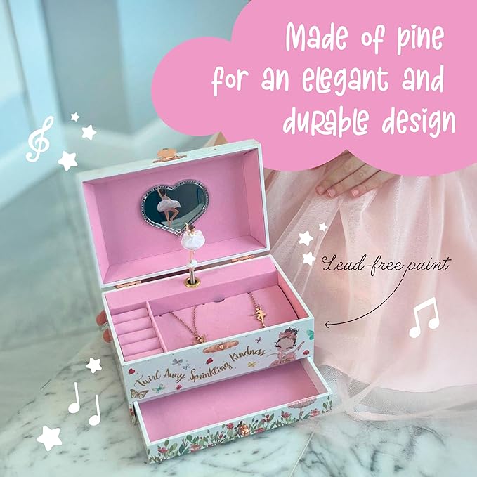 The Memory Building Co Ballerina Musical Jewelry Box Plays Classic Melody, Storage Organizer Music Box for Kids Ages 6-12, MDF Wood w/ 2 Fabric Lined Ring Bracelet Necklace Treasure Compartments - Image 5