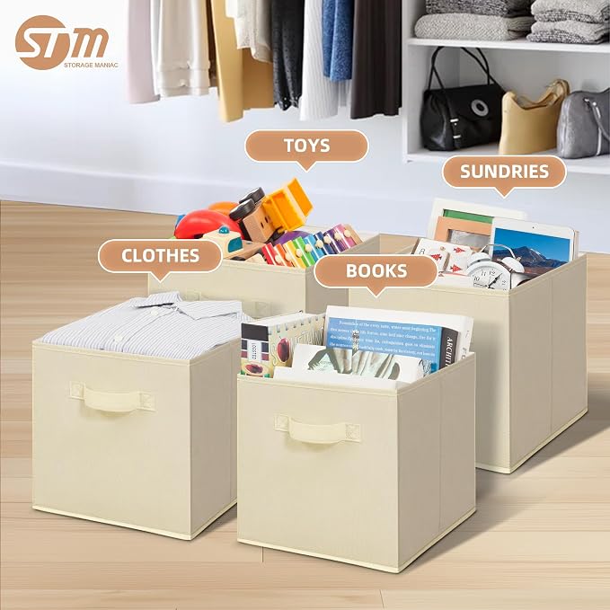 STORAGE MANIAC Storage Cubes, 11 Inch Collapsible Storage Bins with Handles, 6 Pack Fabric Foldable Bins for Organization, Durable Storage Bins for Closet, Shelves, Offices, Toys, Beige - Image 2