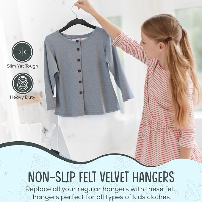 TechZoo 50 Premium Kids Velvet Hangers - 14" Non-Slip Clothes Hangers for Kids & Preteens - Ultra Slim, Space-Saving, Strong & Durable Hangers with 360° Swivel Hook - Black - Image 3