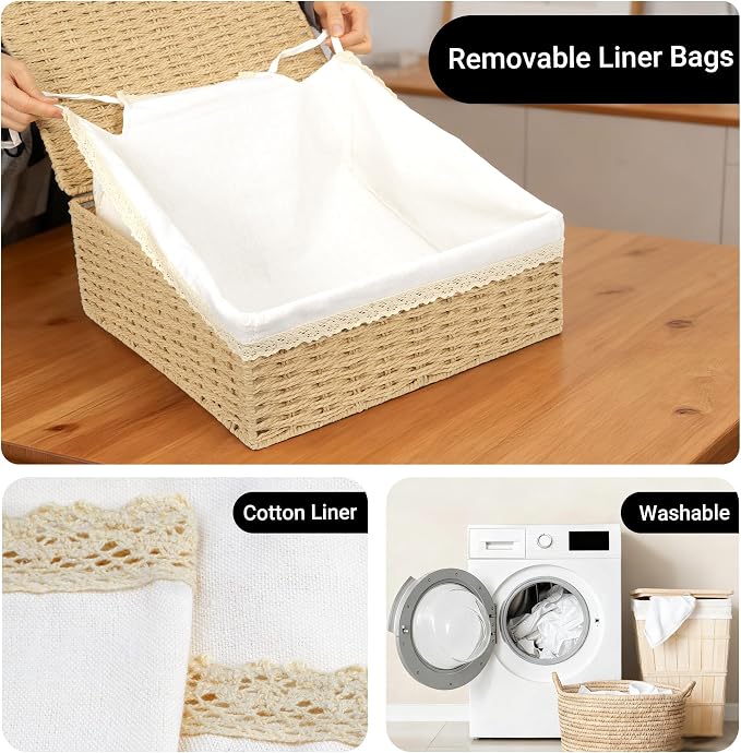 Nonam Large Basket with Lid set of 3, Rattan Divided Baskets Organizer for Shelf, Natural Wicker Storage Basket Bins for Closet, Boho Shelf Decor Covered Basket Home Storage Container - Image 3