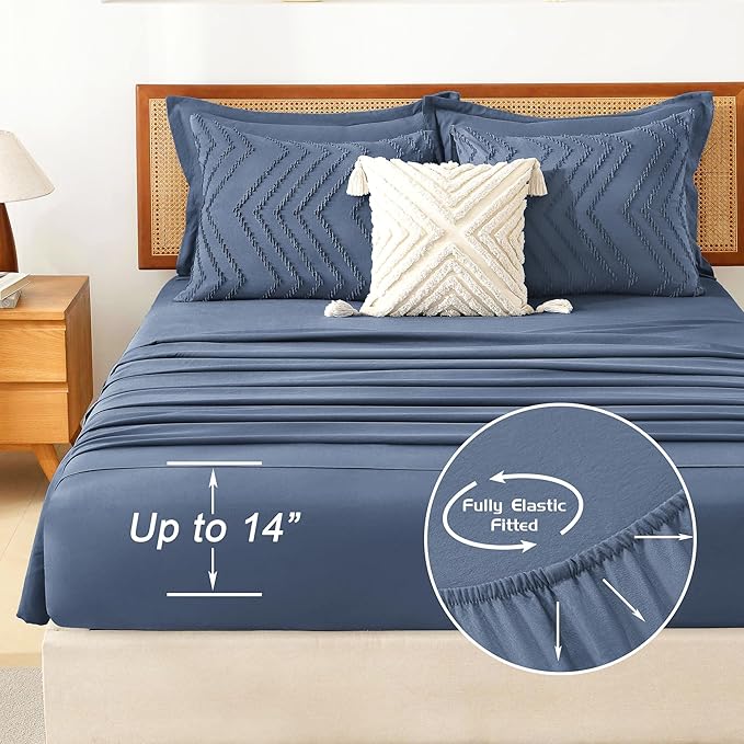 Litanika Super King Plus Size Comforter Set with Sheets Ocean Blue - 7 Pieces Bed in a Bag Oversized King Boho Tufted Complete Bedding Sets with Comforter, Sheets, Pillowcases & Shams