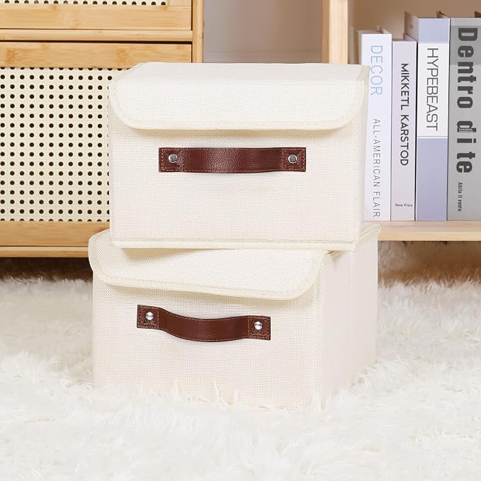 ANMINY 2PCS Storage Bins with Lid PU Leather Handles Storage Boxes PP Plastic Board Decorative Foldable Lidded Cotton Linen Fabric Home Cubes Baskets Closet Organizer Containers - Beige, Small Size - Image 6