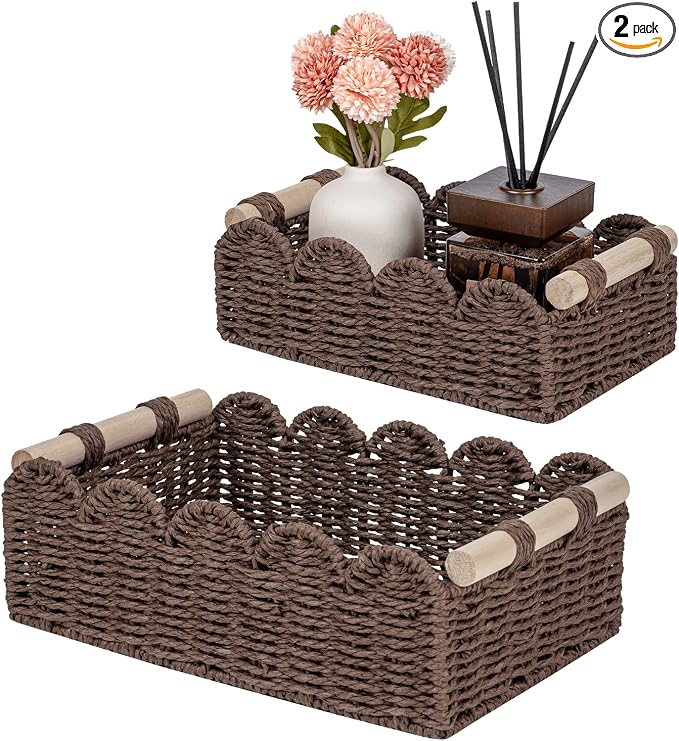 CubesLand Toilet Paper Storage Organizer Basket, Scalloped Decorative Baskets for Over Toilet Shelves, Wicker Small Basket Perfect for Home Countertop Storage & Decor, Living Room Shelf Decor, Brown by CubesLand