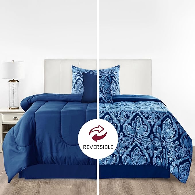 LUX Décor Reversible 4pc Twin Comforter Set, Printed Bedding Set, All-in-One Bed in a Bag, Includes 1 Comforter, 1 Pillow Sham, 1 Decor Pillow & 1 Bed Skirt (Paisley Navy,Twin)