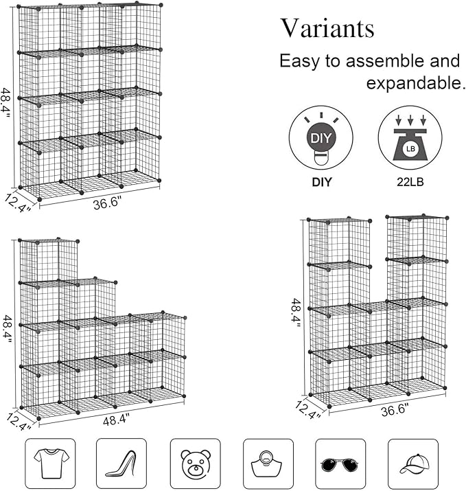 C&AHOME Wire Cube Storage, 12-Cube Storage Organizer Metal, C Grids Storage Bins Shelving, Modular Bookshelf Shelf, Closet Cabinet Ideal for Bedroom, Office 36.6”L x 12.4”W 48.4”H Black - Image 3