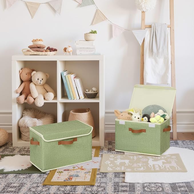 GRANNY SAYS Fabric Storage Bins with Lids, Decorative Storage Boxes with PU Handles, Keepsake Memory box, Shelf Baskets for Closet, Sage Green/White, Large, 2-Pack - Image 7