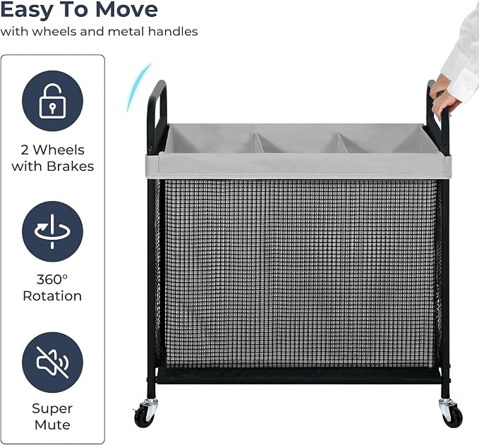 STO STO Laundry Hamper 3 Section, 120L Rolling Laundry Sorter Cart with Removable and Washable Liner Bag, Clothes Hamper with Wheels and Metal Handle for Laundry Room and Bedroom, Gray - Image 7