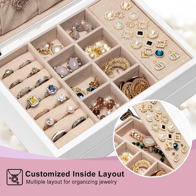 Pinzoveco Jewelry Box for Women, Rustic Wooden Jewelry Organizer Box for Storage Earrings Rings Necklace Bracelet, Farmhouse Style Wood Jewelry Boxes & Organizers (White) - Image 3
