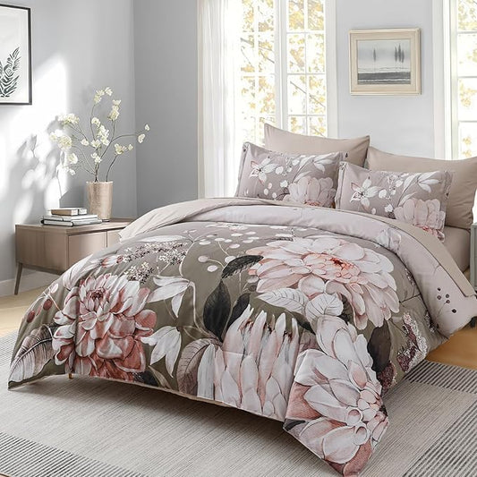 Drucon Queen Comforter Set - 7 Pieces Floral Brown Soft Bedding Sets, Queen Bed in a Bag with Botanical Flowers Comforter, Sheets, Pillowcases & Shams