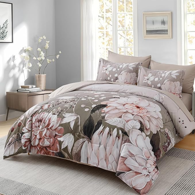 Drucon Brown Comforter Set King Size - 7 Pieces Floral Bedding Sets, Soft Botanical Flowers Comforter Bed in a Bag with Sheets, Pillowcases & Shams