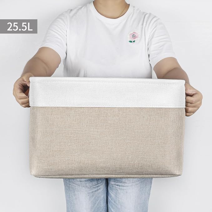 Bagnizer Storage Bins Large Fabric Storage Baskets for Shelves 3 Pack, Decorative Linen Closet Baskets with Handles for Organizing, Shelf, Clothes, Home, Office, 15x11x9.5Inches (Beige&White) - Image 7
