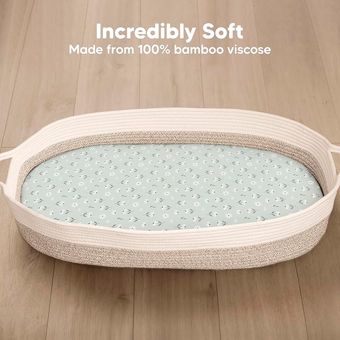 2-Pack Baby Bassinet Sheets Girl, Boy - 33x17 Viscose Derived from Bamboo Bedside Mattress Fitted Bassinet Sheets, Compatible with Halo Bassinest Swivel Sleeper, Baby Delight, Graco (Daisies)