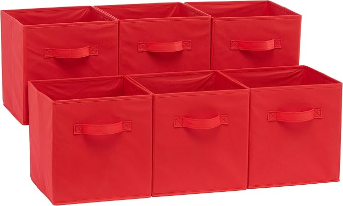 Amazon Basics Collapsible Fabric Storage Bins with Handles, Cube Organizer, Home Organization, 10.5"x10.5"x11", Red, 6-Pack by AmazonBasics
