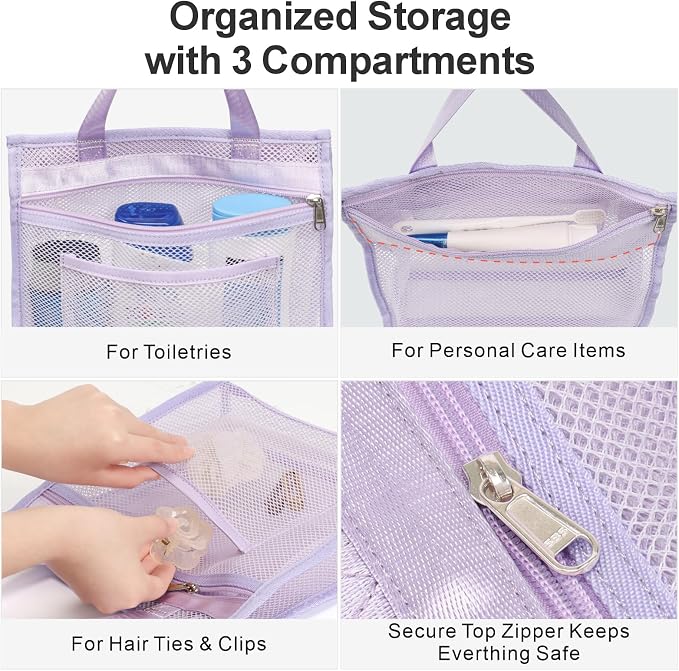 F-color Mesh Shower Caddy Portable Hanging - 3 Pockets Small Shower Bag Tote for Camping, Gym, Travel, Toiletry, Quick Dry Bathroom Essentials with S Hook, Purple - Image 5