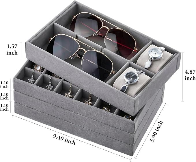 Velvet Jewelry Drawer Organizer Trays – Grey Stackable Jewelry Storage Inserts Set, 4-Layer Jewelry Tray Set for Earrings, Rings, Necklaces, Bracelets with Removable Dividers for Dresser & Vanity - Image 7